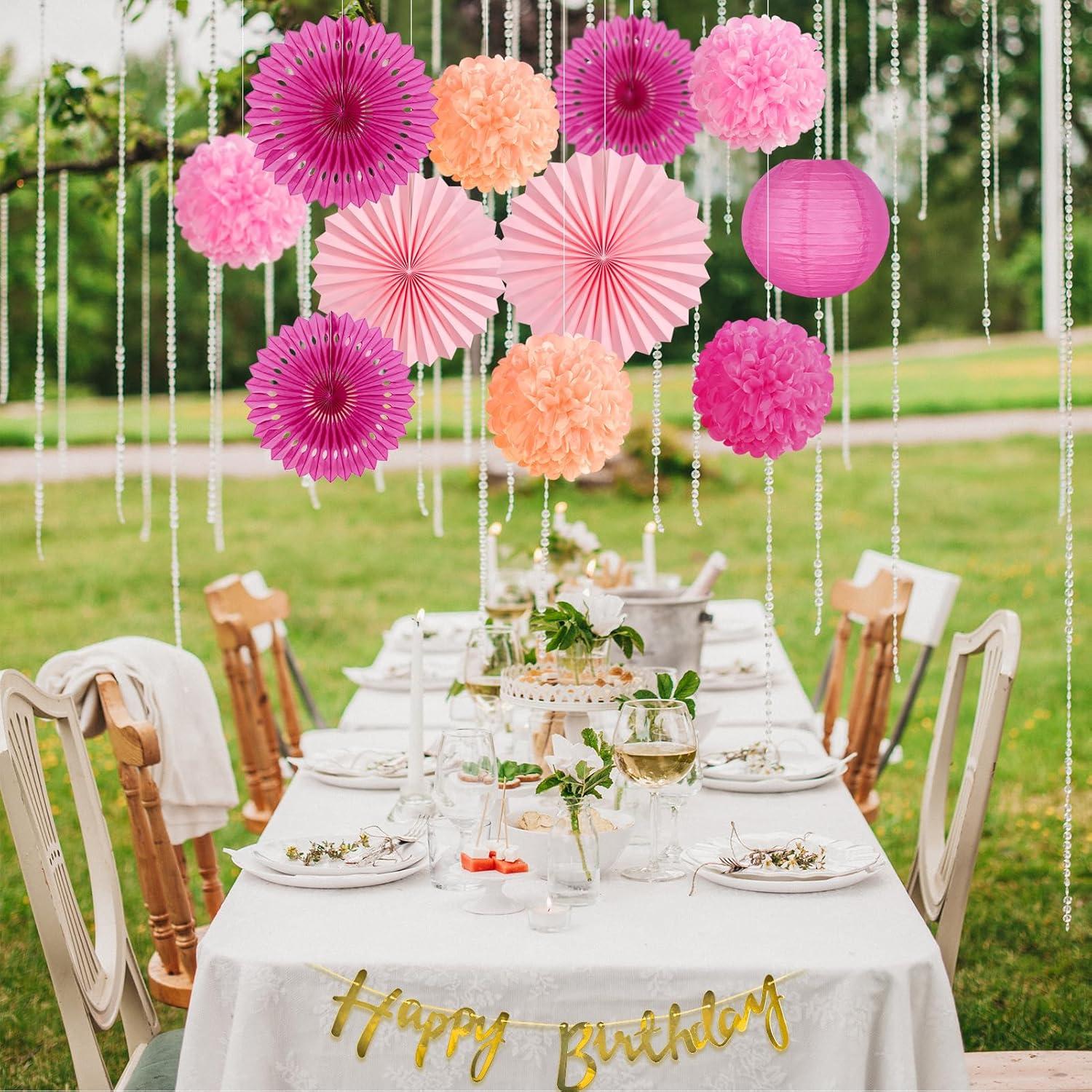 imageSUNBEAUTY Teal ampamp Gold Party Decorations Paper Fans Tissue Pom Poms Happy Birthday Banner for Baby Showers ampamp Womens 30th40th BirthdaysHot Pink