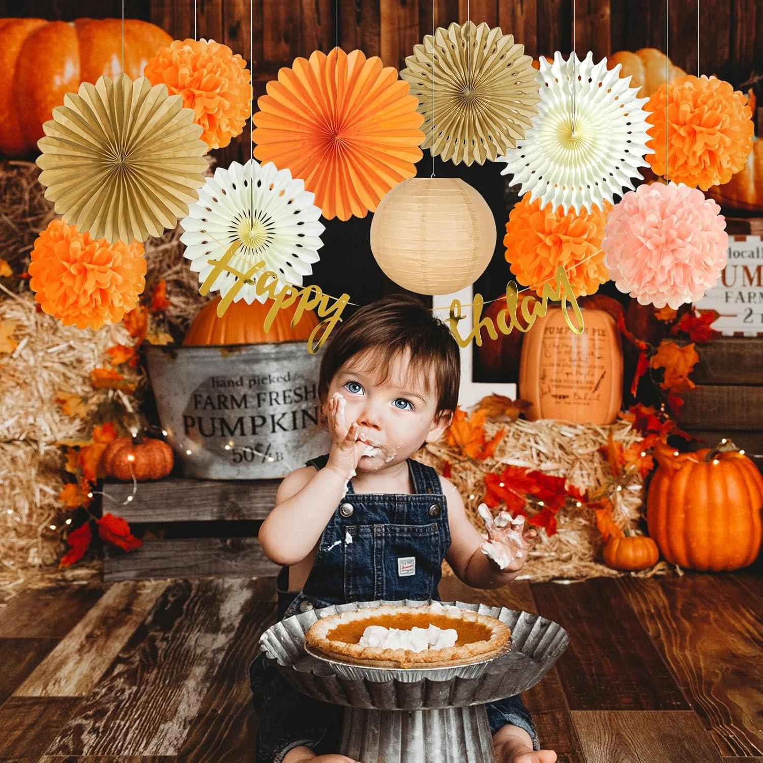 imageSUNBEAUTY Teal ampamp Gold Party Decorations Paper Fans Tissue Pom Poms Happy Birthday Banner for Baby Showers ampamp Womens 30th40th BirthdaysLight orange