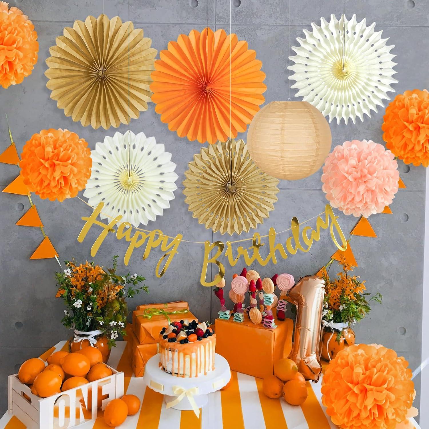 imageSUNBEAUTY Teal ampamp Gold Party Decorations Paper Fans Tissue Pom Poms Happy Birthday Banner for Baby Showers ampamp Womens 30th40th BirthdaysLight orange
