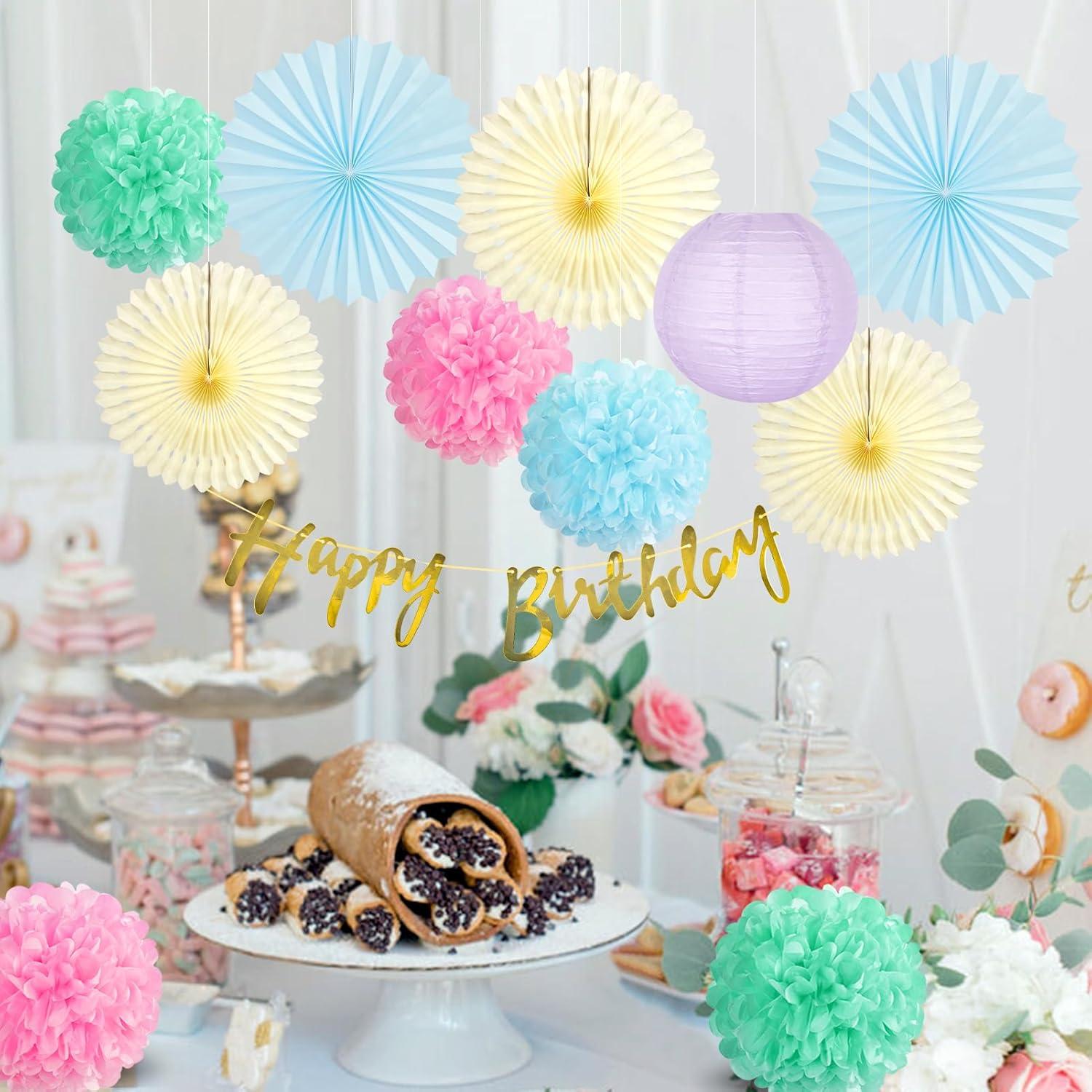 imageSUNBEAUTY Teal ampamp Gold Party Decorations Paper Fans Tissue Pom Poms Happy Birthday Banner for Baby Showers ampamp Womens 30th40th BirthdaysPastel