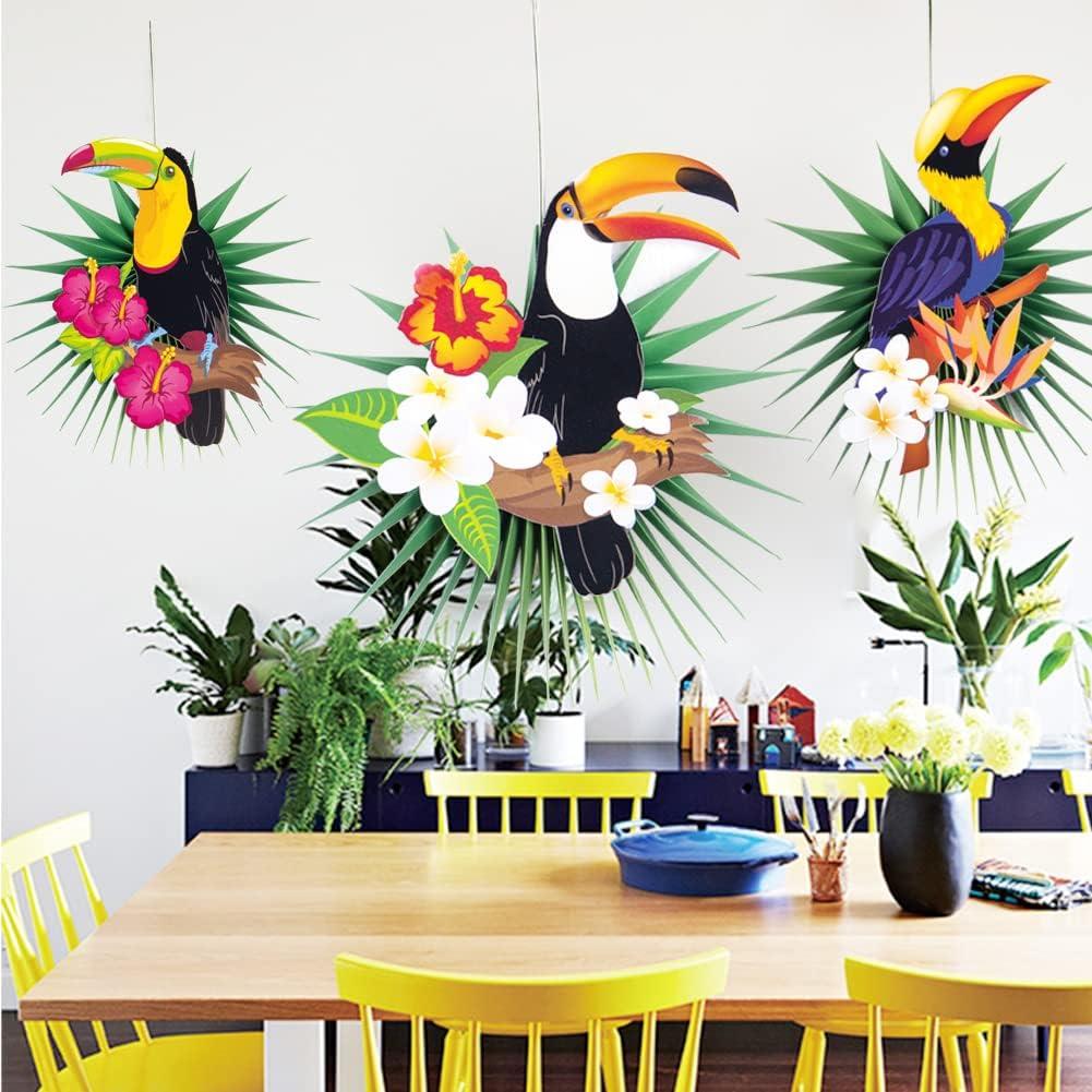 imageSUNBEAUTY Toucan Bird Decor Tropical Summer Party Decorations Hawaiian Luau Tiki Party Supply Palm Leaves Paper Fan Lantern Set Toucan Bird Kit