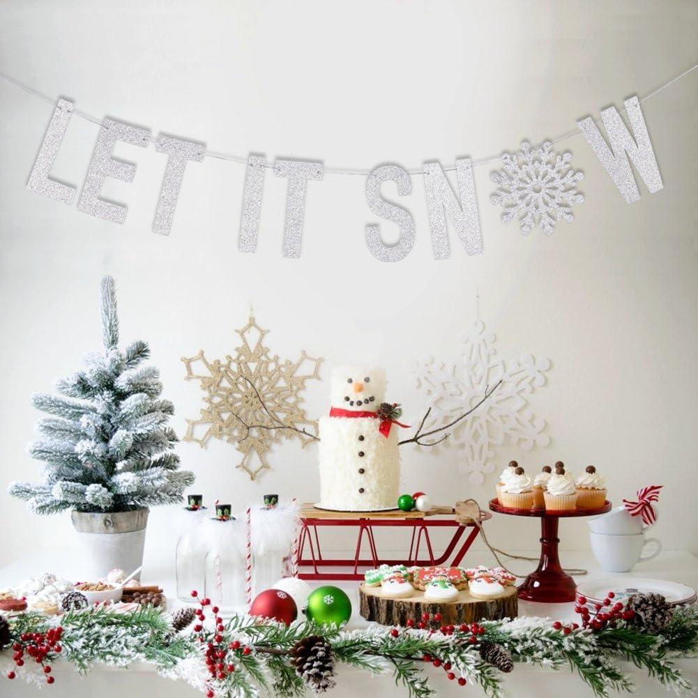 imageSUNBEAUTY Winter Wonderland Banners Silver Glittery Snowflake Banner Let It Snow Sign Banner Snowflake Christmas Hanging Decor for Holiday Wall Decor Winter Baby Shower Christmas Frozen Party SuppliesSilver Blue