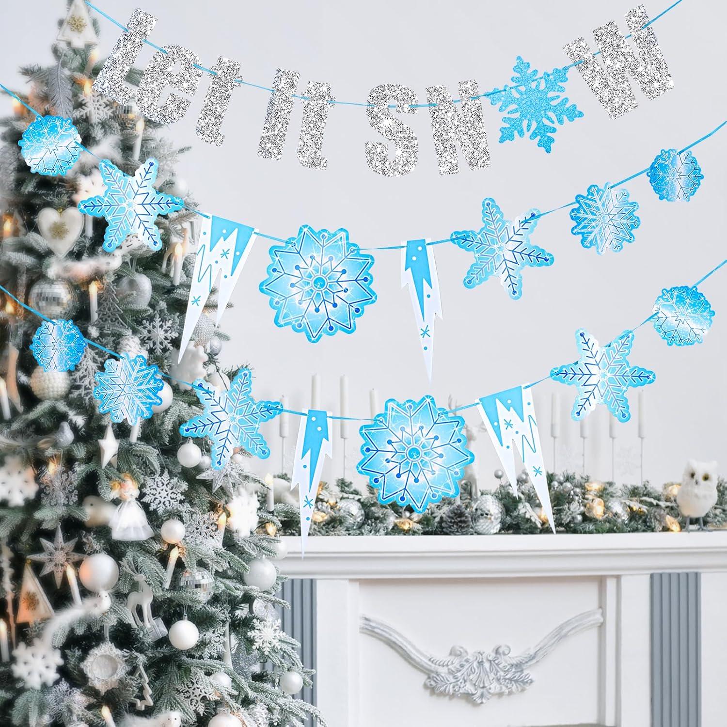imageSUNBEAUTY Winter Wonderland Banners Silver Glittery Snowflake Banner Let It Snow Sign Banner Snowflake Christmas Hanging Decor for Holiday Wall Decor Winter Baby Shower Christmas Frozen Party SuppliesSnow Sliver Blue