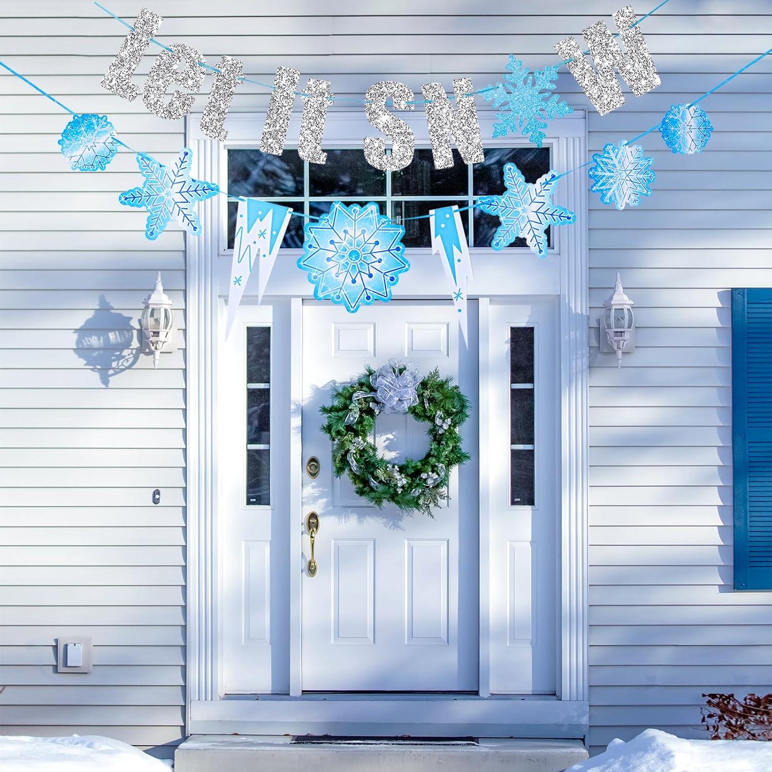 imageSUNBEAUTY Winter Wonderland Banners Silver Glittery Snowflake Banner Let It Snow Sign Banner Snowflake Christmas Hanging Decor for Holiday Wall Decor Winter Baby Shower Christmas Frozen Party SuppliesSnow Sliver Blue