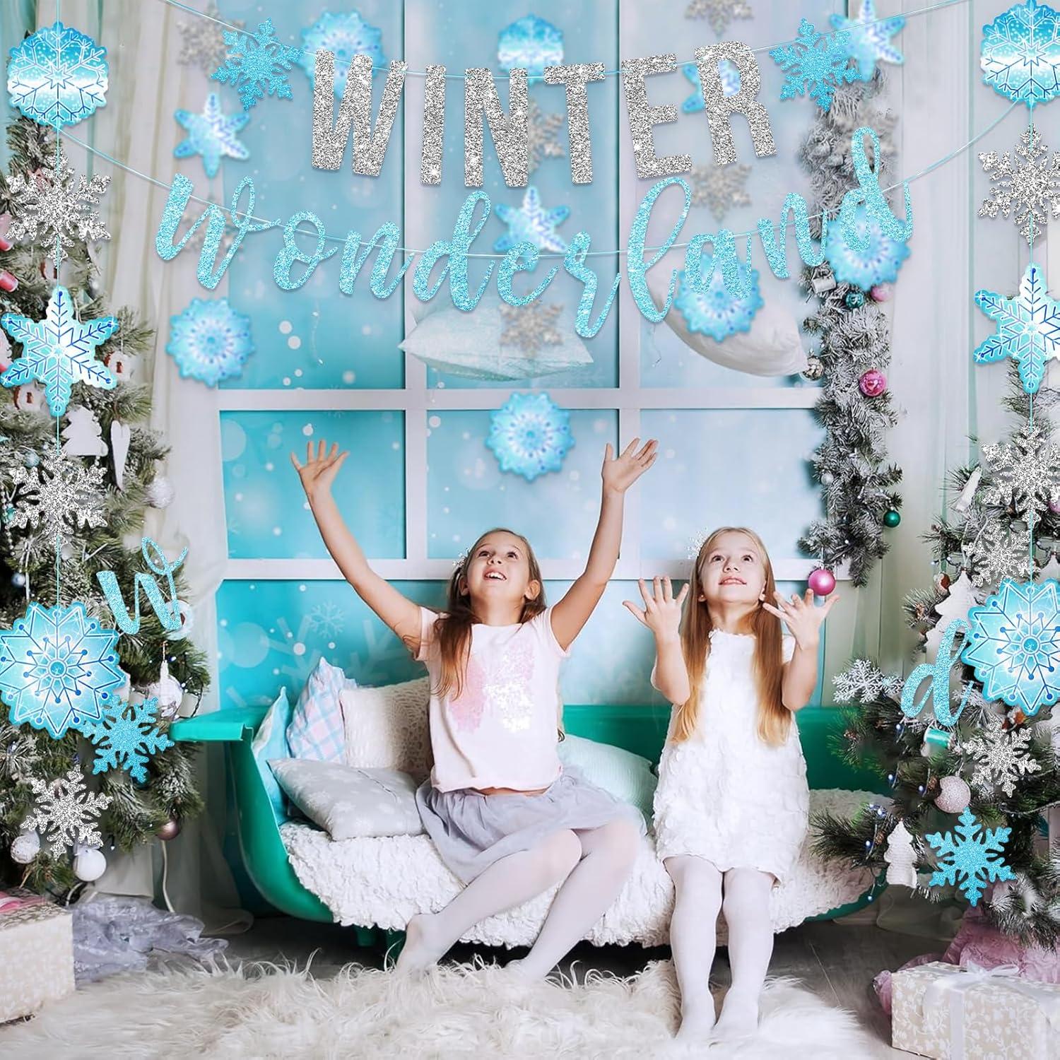 imageSUNBEAUTY Winter Wonderland Banners Silver Glittery Snowflake Banner Let It Snow Sign Banner Snowflake Christmas Hanging Decor for Holiday Wall Decor Winter Baby Shower Christmas Frozen Party SuppliesWinter Wonderland