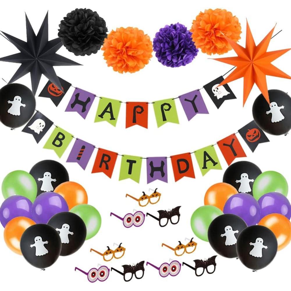 imageHalloween Birthday Party Decorations Happy Birthday Banner Halloween Glasses Purple Orange Tissue Pom Poms for Baby Shower Halloween Theme Birthday Party Supplies SUNBEAUTY