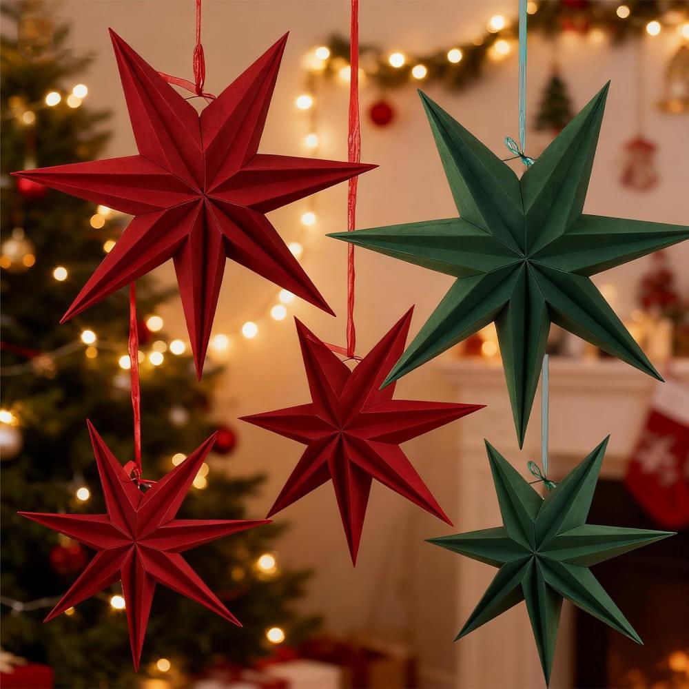 imageSUNBEAUTY 3 Pcs 12Pointed Paper Star Brown Grey White Lanterns 12 Inch Christmas Hanging Lamp Shade Wedding Birthday Christmas Home Party DecorationsFlocking Stars 5