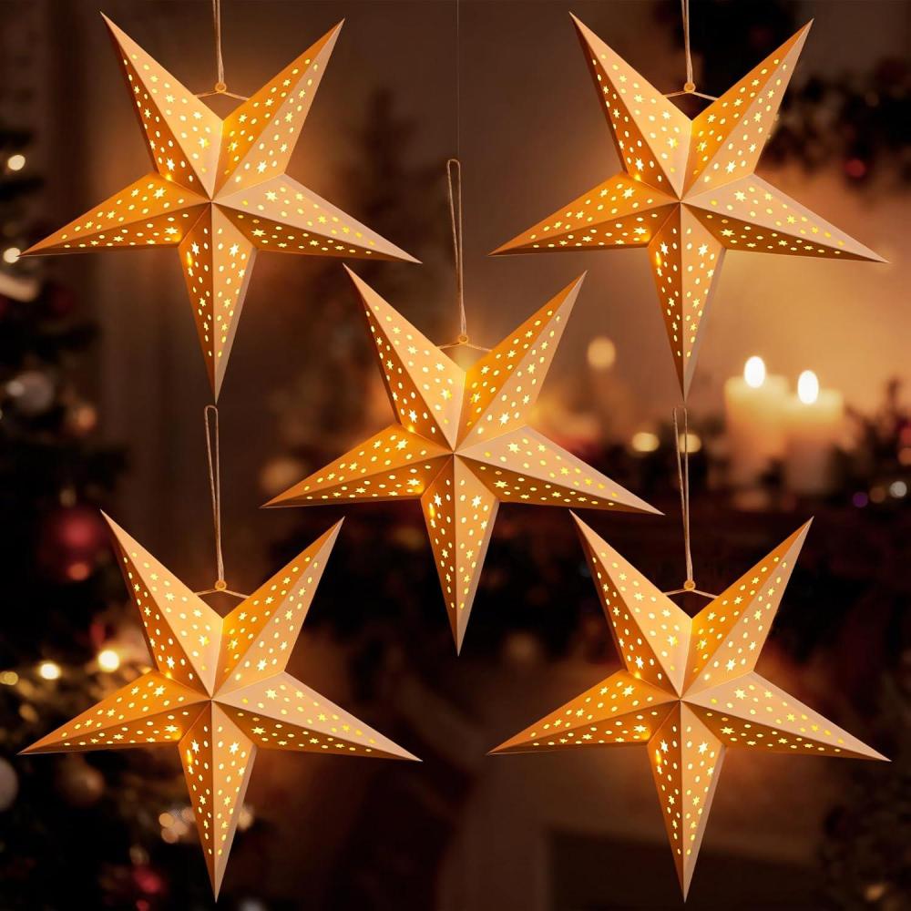 imageSUNBEAUTY 3 Pcs 12Pointed Paper Star Brown Grey White Lanterns 12 Inch Christmas Hanging Lamp Shade Wedding Birthday Christmas Home Party DecorationsHollow White Stars 5