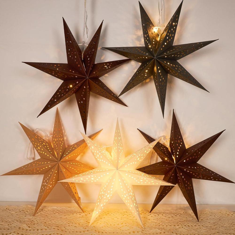 imageSUNBEAUTY 3 Pcs 12Pointed Paper Star Brown Grey White Lanterns 12 Inch Christmas Hanging Lamp Shade Wedding Birthday Christmas Home Party DecorationsHollow Stars 5