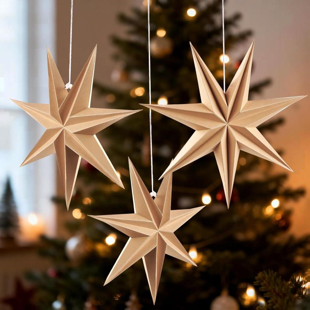 imageSUNBEAUTY 3 Pcs 12Pointed Paper Star Brown Grey White Lanterns 12 Inch Christmas Hanging Lamp Shade Wedding Birthday Christmas Home Party DecorationsHot Brown Stars 3