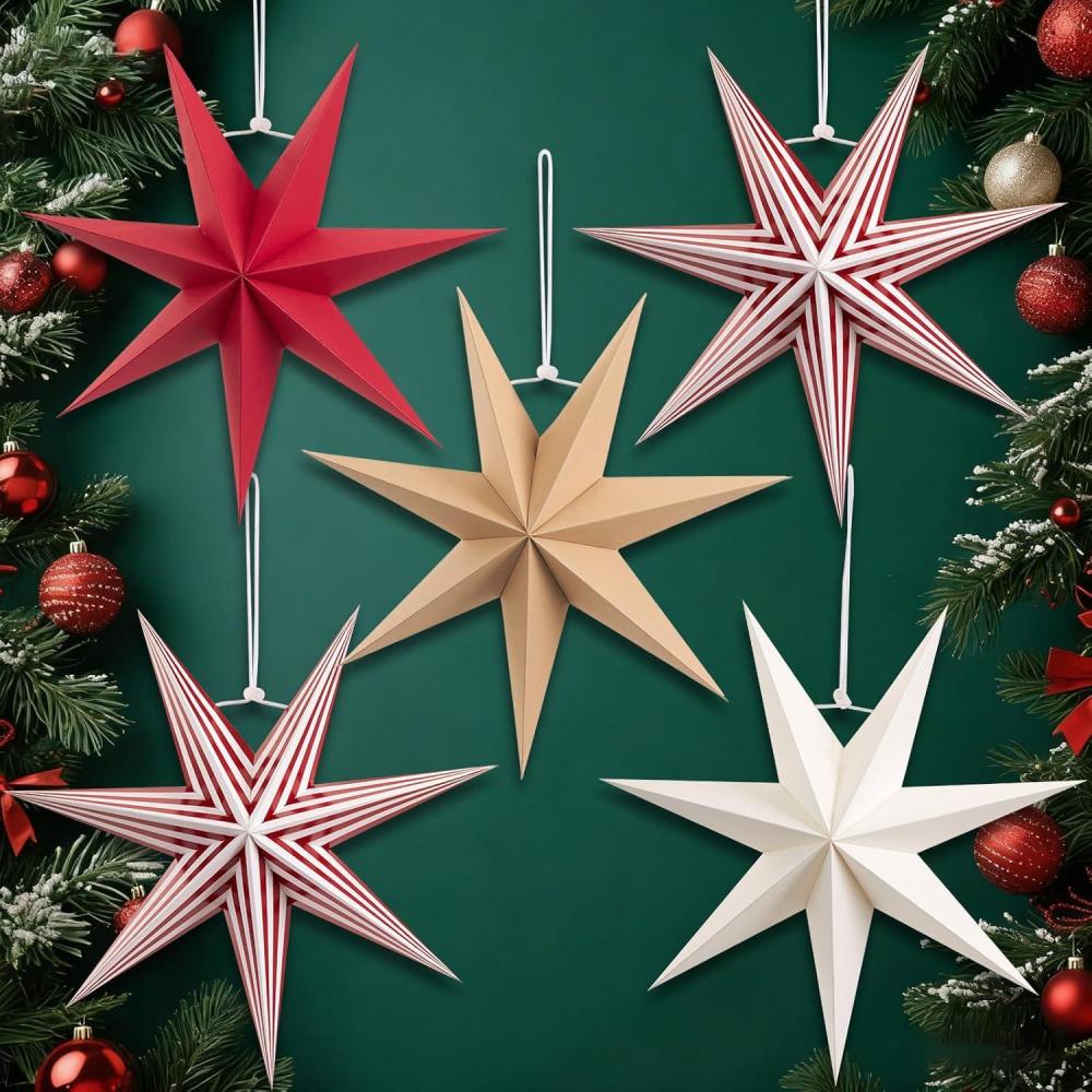 imageSUNBEAUTY 3 Pcs 12Pointed Paper Star Brown Grey White Lanterns 12 Inch Christmas Hanging Lamp Shade Wedding Birthday Christmas Home Party DecorationsRed White Stars 5