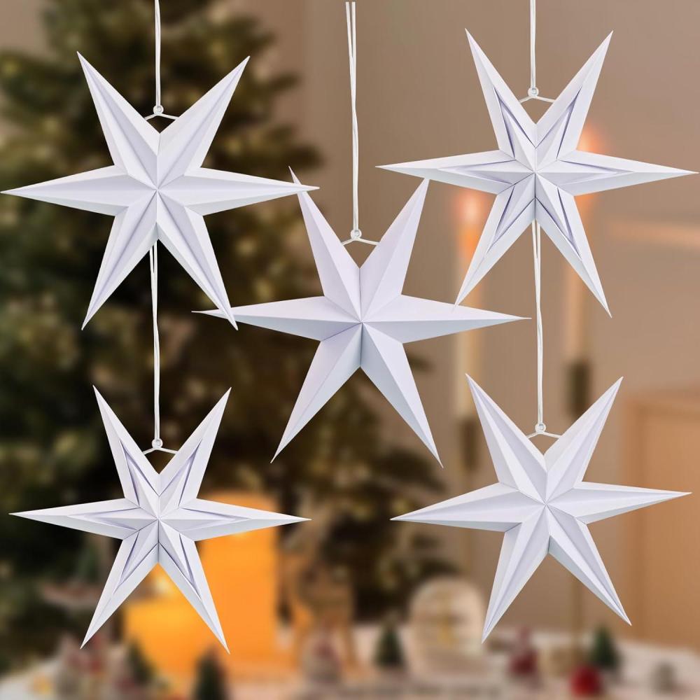 imageSUNBEAUTY 3 Pcs 12Pointed Paper Star Brown Grey White Lanterns 12 Inch Christmas Hanging Lamp Shade Wedding Birthday Christmas Home Party DecorationsWhite Sd 5