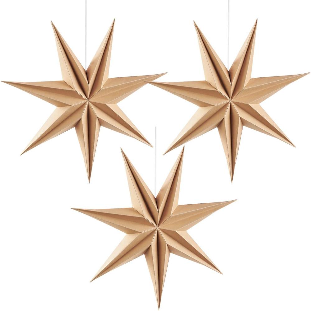imageSUNBEAUTY 3 Pcs 9Pointed White Paper Star Lanterns 12 Inch Hanging Lampshade Wedding Birthday Christmas Home Party DecorationNatural