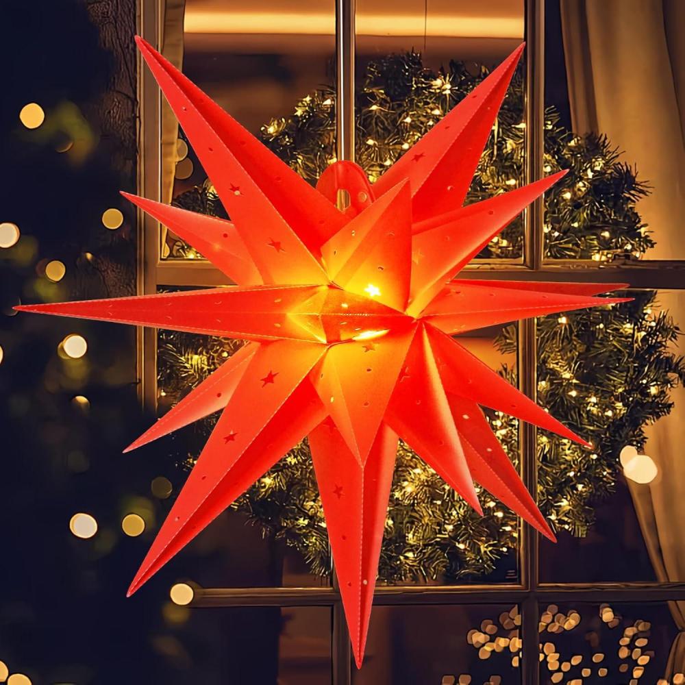imageSUNBEAUTY 3 Pcs 9Pointed White Paper Star Lanterns 12 Inch Hanging Lampshade Wedding Birthday Christmas Home Party DecorationRed Waterproof