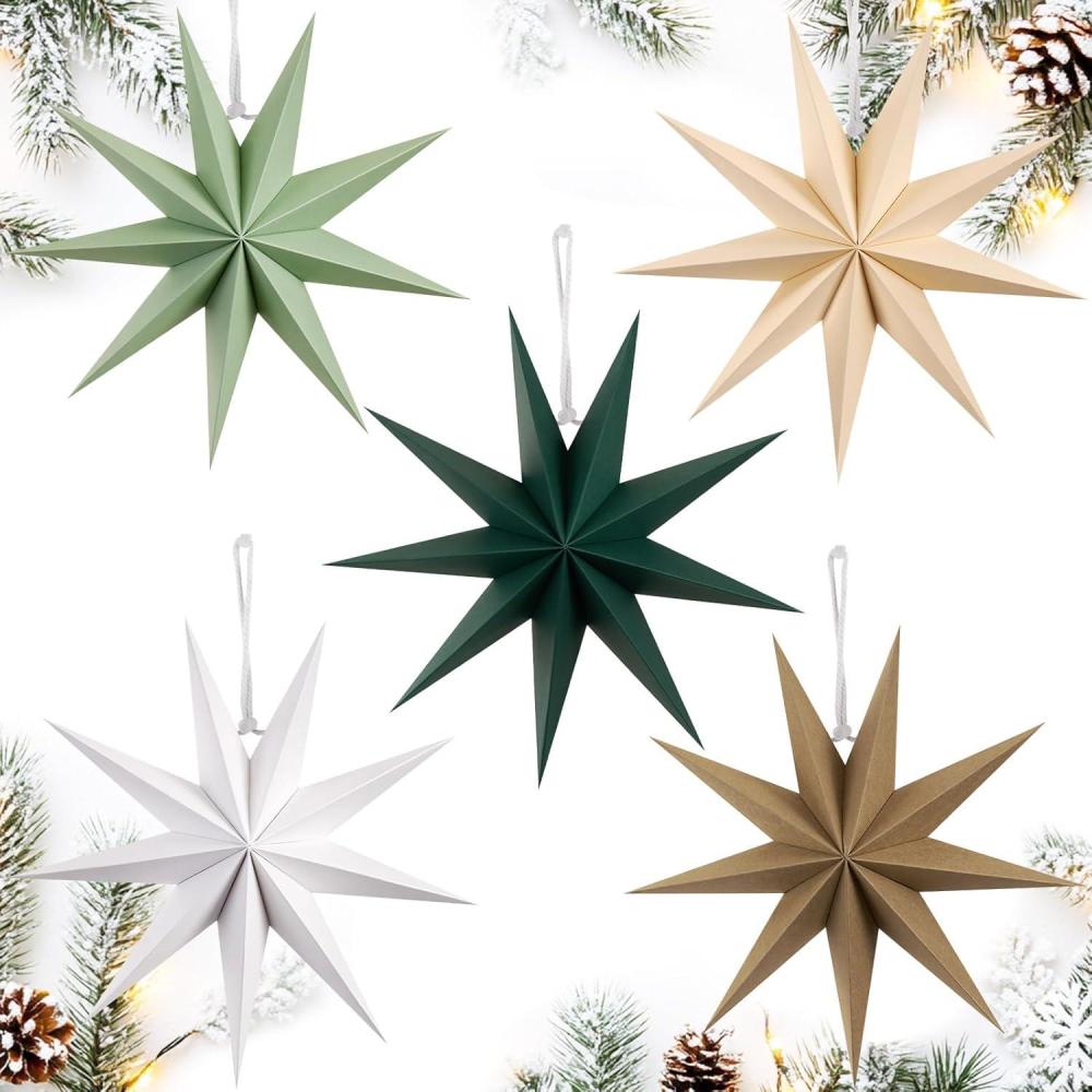 imageSUNBEAUTY 3 Pcs 9Pointed White Paper Star Lanterns 12 Inch Hanging Lampshade Wedding Birthday Christmas Home Party DecorationSage Green