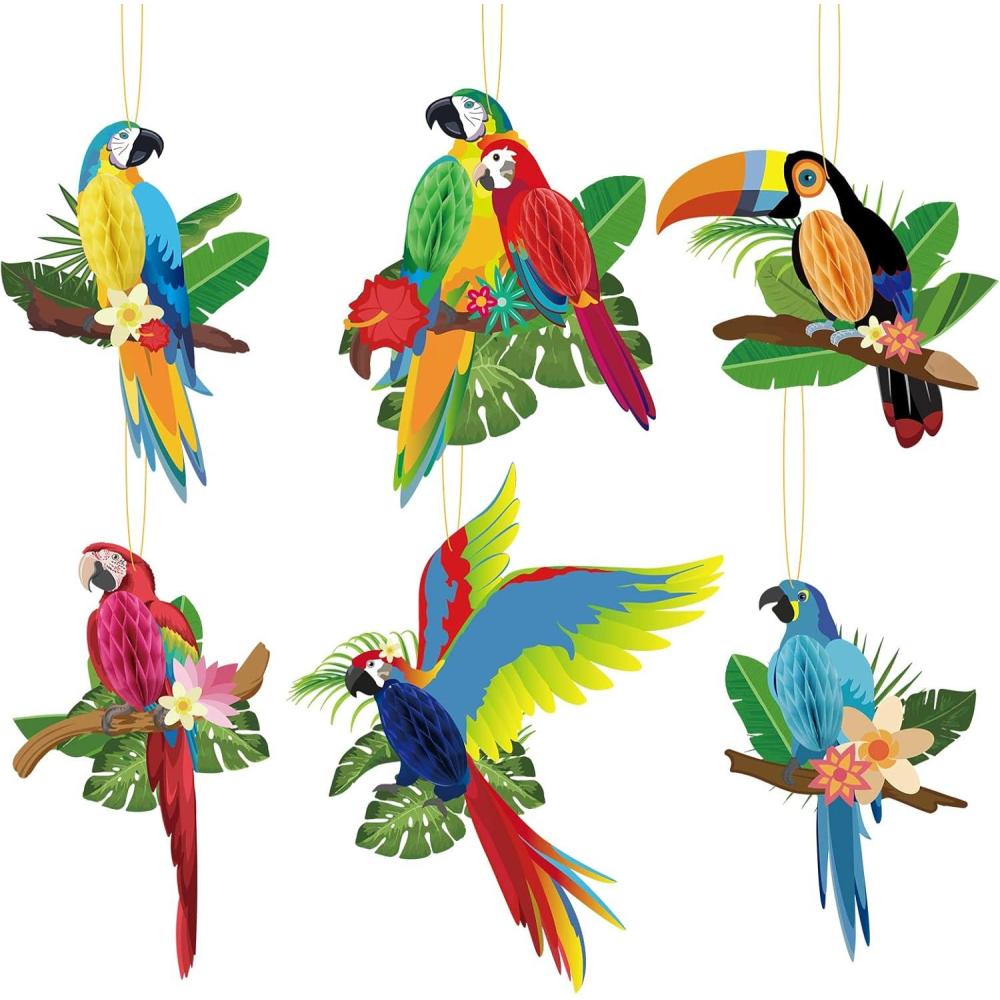 imageSUNBEAUTY 6 Pieces Tropical Birds Honeycomb Paper Cutouts Hawaiian Tropical Parrot Toucan Honeycomb Luau Summer Party Hanging Decorations for Beach Tiki Bar Party Decor Classroom Home Supplies
