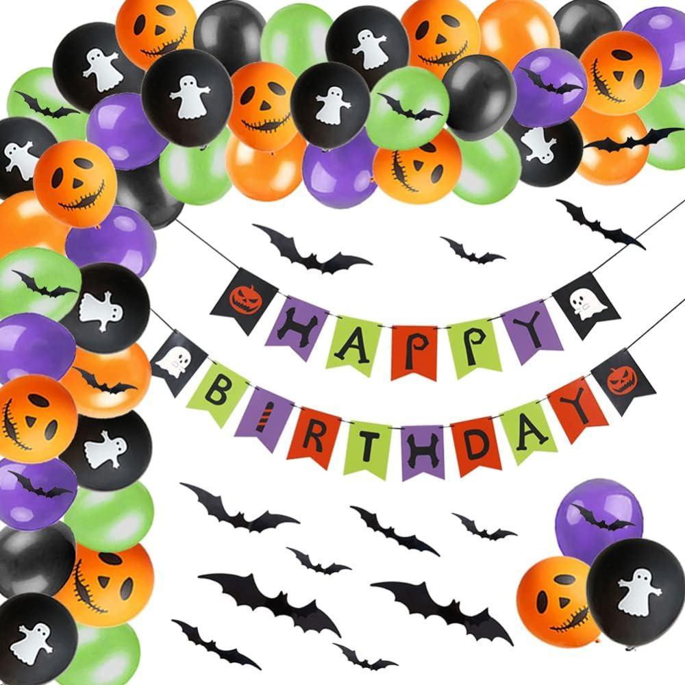 imageSUNBEAUTY 90 Pcs Halloween Balloon Arch Garland Kit with Happy Birthday Banner 3D PVC Bats for Kids Birthday Halloween Party Baby Shower Decorations Supplies