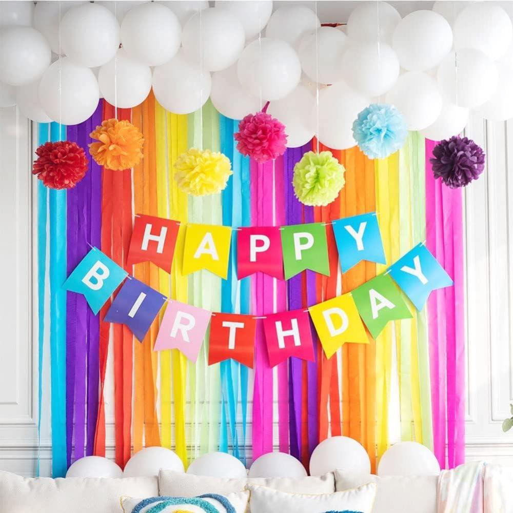 imageSUNBEAUTY Rainbow Birthday Decorations with Happy Birthday Banner 50PCS White Balloons Rainbow Crepe Paper Streamers Colorful Paper Pom Poms for Kids Birthday Baby Shower Wedding Party Decorations