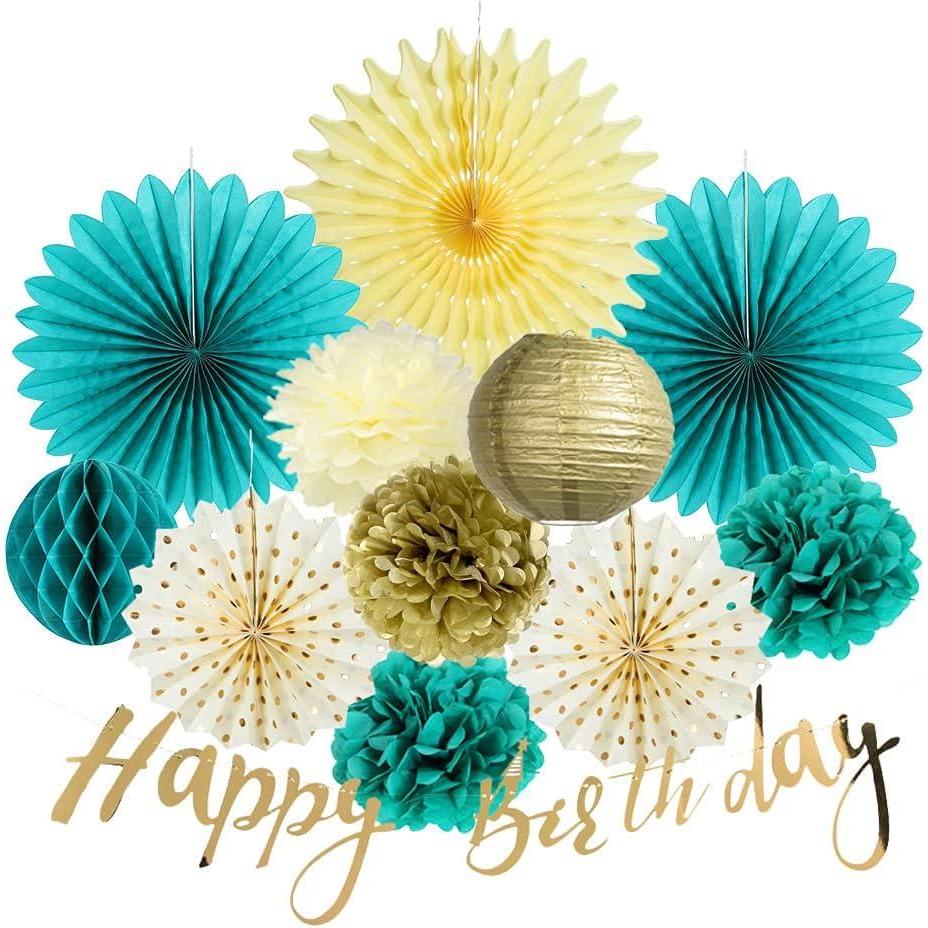 imageSUNBEAUTY Teal ampamp Gold Party Decorations  Paper Fans Tissue Pom Poms Happy Birthday Banner for Baby Showers ampamp Womens 30th40th BirthdaysBlue Green Gold