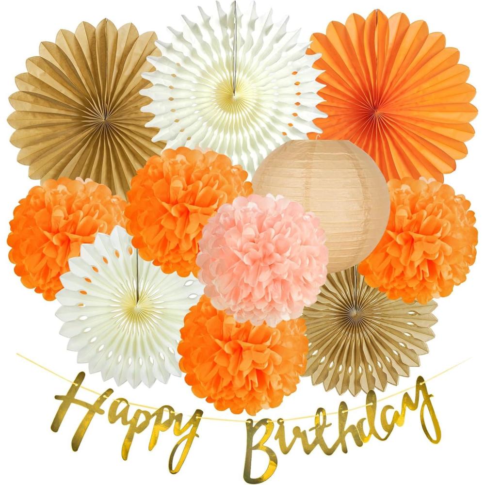 imageSUNBEAUTY Teal ampamp Gold Party Decorations Paper Fans Tissue Pom Poms Happy Birthday Banner for Baby Showers ampamp Womens 30th40th BirthdaysLight orange