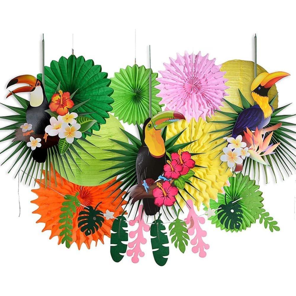 imageSUNBEAUTY Toucan Bird Decor Tropical Summer Party Decorations Hawaiian Luau Tiki Party Supply Palm Leaves Paper Fan Lantern Set Toucan Bird Kit
