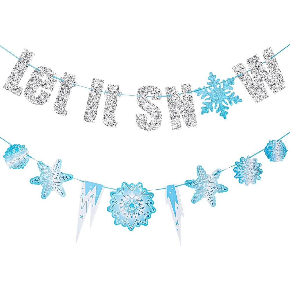 imageSUNBEAUTY Winter Wonderland Banners Silver Glittery Snowflake Banner Let It Snow Sign Banner Snowflake Christmas Hanging Decor for Holiday Wall Decor Winter Baby Shower Christmas Frozen Party SuppliesSnow Sliver Blue