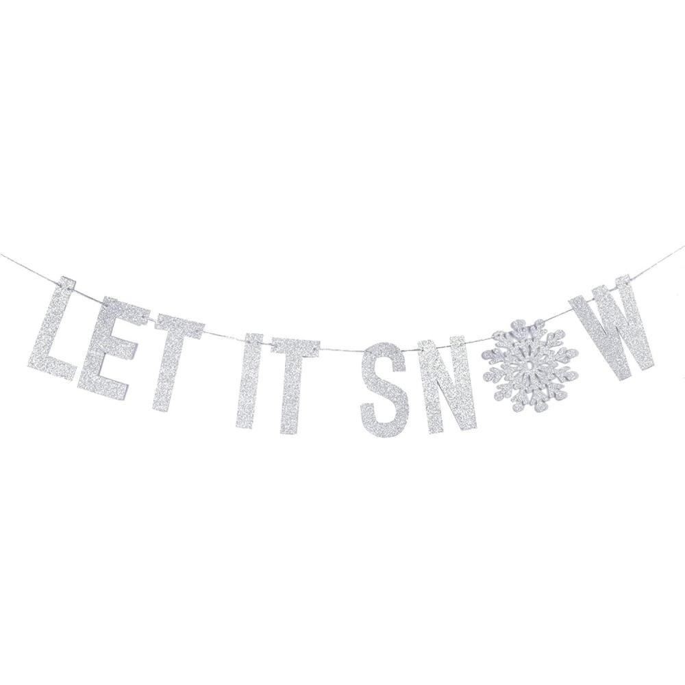 imageSUNBEAUTY Winter Wonderland Banners Silver Glittery Snowflake Banner Let It Snow Sign Banner Snowflake Christmas Hanging Decor for Holiday Wall Decor Winter Baby Shower Christmas Frozen Party SuppliesSilver Blue
