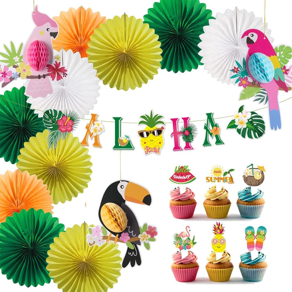 imageSummer Hawaiian Party Decoration Parrot Honeycomb Hanging Paper Fans Pineapple Aloha Banner for Hawaiian Luau Beach Birthday Wedding Party Supplies SUNBEAUTY