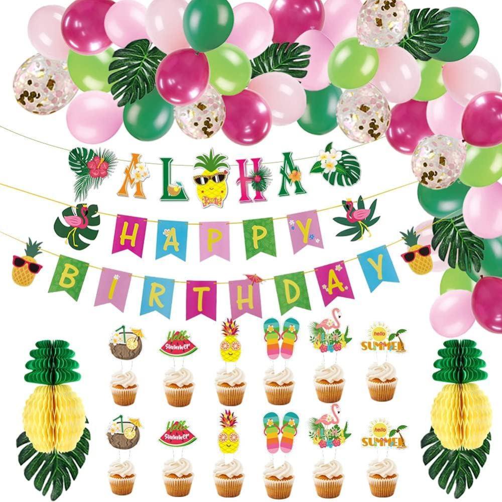 imageTropical Balloons Garland Kit Summer Birthday Party Supplies Aloha Birthday Banner Summer Cupcake Toppers Pineapple Honeycomb Balls for Hawaiian Beach Pool Luau Birthday Party Supplies SUNBEAUTY