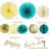 SUNBEAUTY Teal & Gold Party Decorations – Paper Fans, Tissue Pom Poms, Happy Birthday Banner for Baby Showers & Women’s 30th/40th Birthdays(Blue Green Gold)