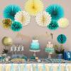 SUNBEAUTY Teal & Gold Party Decorations – Paper Fans, Tissue Pom Poms, Happy Birthday Banner for Baby Showers & Women’s 30th/40th Birthdays(Blue Green Gold)