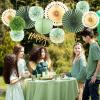 SUNBEAUTY Teal & Gold Party Decorations – Paper Fans, Tissue Pom Poms, Happy Birthday Banner for Baby Showers & Women’s 30th/40th Birthdays(Sage Green)