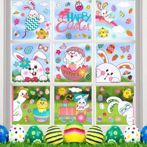 Easter Window Stickers Easter Decorations for The Home Spring Window Clings 91 PCS/9 Sheets Bunny Eggs Happy Easter Window Clings for Glass Spring Decals for Windows Door Kitchen Bathroom