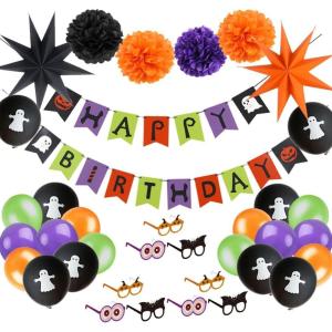 Halloween Birthday Party Decorations Happy Birthday Banner Halloween Glasses Purple Orange Tissue Pom Poms for Baby Shower Halloween Theme Birthday Party Supplies SUNBEAUTY