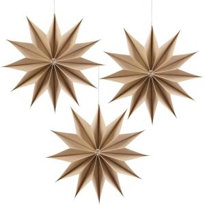 SUNBEAUTY 3 Pcs 12-Pointed Paper Star Brown Grey White Lanterns 12 Inch Christmas Hanging Lamp Shade Wedding Birthday Christmas Home Party Decorations(Brown Log)