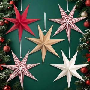 SUNBEAUTY 3 Pcs 12-Pointed Paper Star Brown Grey White Lanterns 12 Inch Christmas Hanging Lamp Shade Wedding Birthday Christmas Home Party Decorations(Red White Stars – 5)