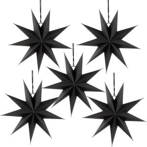 SUNBEAUTY 3 Pcs 9-Pointed White Paper Star Lanterns 12 Inch Hanging Lampshade Wedding Birthday Christmas Home Party Decoration(Black)