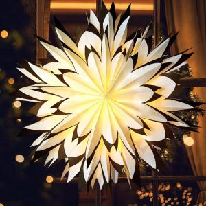 SUNBEAUTY 3 Pcs 9-Pointed White Paper Star Lanterns 12 Inch Hanging Lampshade Wedding Birthday Christmas Home Party Decoration(White Black)