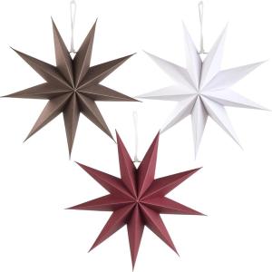 SUNBEAUTY 3 Pcs 9-Pointed White Paper Star Lanterns 12 Inch Hanging Lampshade Wedding Birthday Christmas Home Party Decoration(White Brown Red)