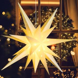 SUNBEAUTY 3 Pcs 9-Pointed White Paper Star Lanterns 12 Inch Hanging Lampshade Wedding Birthday Christmas Home Party Decoration(White Waterproof)