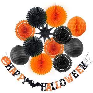 SUNBEAUTY Halloween Decoration Kit Party Banner Paper Fans Lanterns Honeycomb Balls for Halloween Party Birthday Event Decorations Black Orange 13Pieces