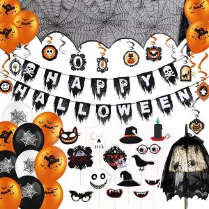 SUNBEAUTY Halloween Fireplace Decor 46pcs Halloween Table Decorations for Home Horror Party Decorations Indoor Halloween Banner Mantel Scarf,Table Runner,lampshade for Party Decor