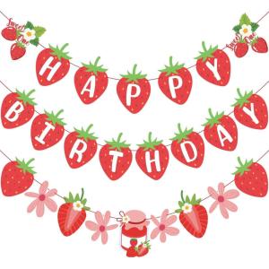 SUNBEAUTY Hawaiian Happy Birthday Banner Tropical Luau Party Birthday Flamingo Pineapple Palm Leaf Banner for Summer Birthday Party Decorations Supplies | Pre-Strung(Strawberry)