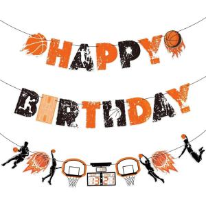 SUNBEAUTY Hawaiian Happy Birthday Banner Tropical Luau Party Birthday Flamingo Pineapple Palm Leaf Banner for Summer Birthday Party Decorations Supplies | Pre-Strung(Basketball)