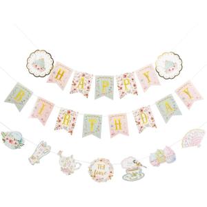 SUNBEAUTY Hawaiian Happy Birthday Banner Tropical Luau Party Birthday Flamingo Pineapple Palm Leaf Banner for Summer Birthday Party Decorations Supplies | Pre-Strung(Sweety-Tea Party)