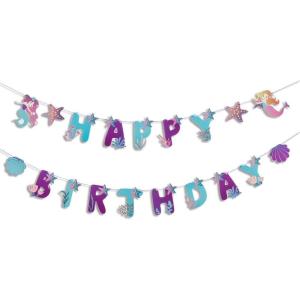 SUNBEAUTY Hawaiian Happy Birthday Banner Tropical Luau Party Birthday Flamingo Pineapple Palm Leaf Banner for Summer Birthday Party Decorations Supplies | Pre-Strung(Mermaid Theme)