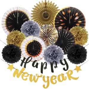 SUNBEAUTY Teal & Gold Party Decorations – Paper Fans, Tissue Pom Poms, Happy Birthday Banner for Baby Showers & Women’s 30th/40th Birthdays(Gold Black)