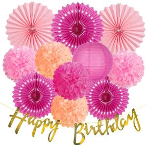 SUNBEAUTY Teal & Gold Party Decorations – Paper Fans, Tissue Pom Poms, Happy Birthday Banner for Baby Showers & Women’s 30th/40th Birthdays(Hot Pink)