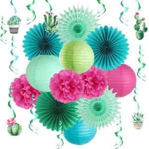 SUNBEAUTY Teal & Gold Party Decorations – Paper Fans, Tissue Pom Poms, Happy Birthday Banner for Baby Showers & Women’s 30th/40th Birthdays(Teal Green)