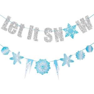 SUNBEAUTY Winter Wonderland Banners Silver Glittery Snowflake Banner Let It Snow Sign Banner Snowflake Christmas Hanging Decor for Holiday Wall Decor Winter Baby Shower Christmas Frozen Party Supplies(Snow Sliver  Blue)
